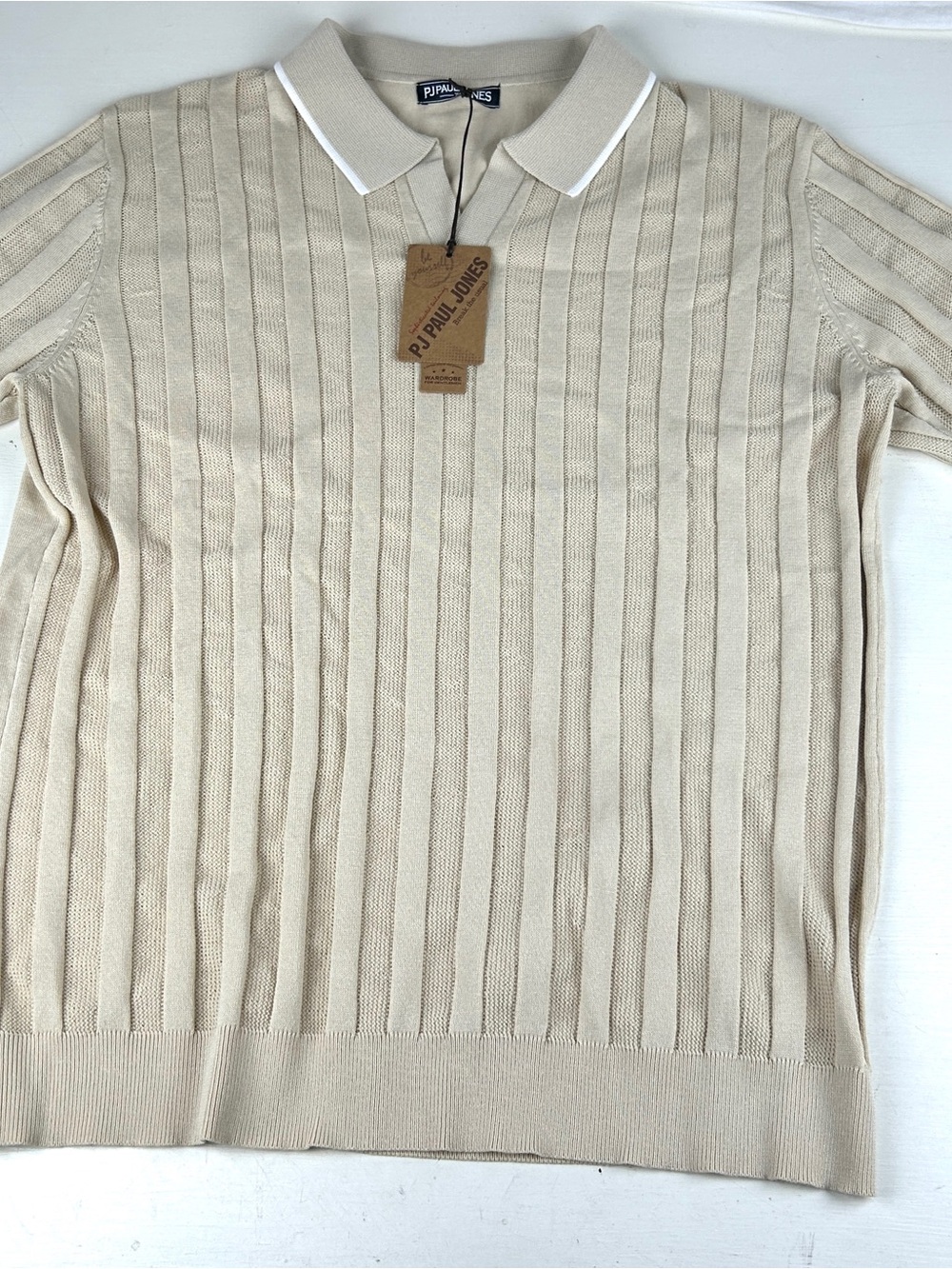 PJ Paul Jones Mens XL Knit Polo Tan Brown Shirt Retro Textured Short Sleeve